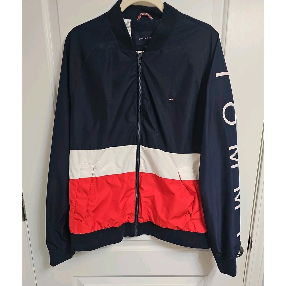 Tommy Hilfiger Jacket Mens sz XLarge Windbreaker Blue/Red/White Full Zip